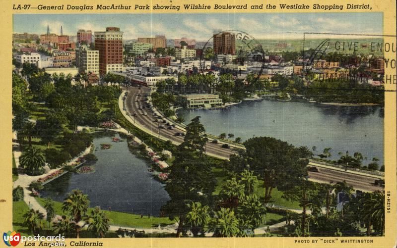 General Douglas MacArthur Park showing Wilshire Boulevard and the Westlake Shopping District