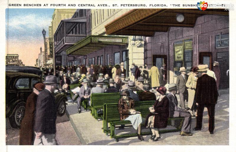 Green Benches at Fourth and Central Aves.