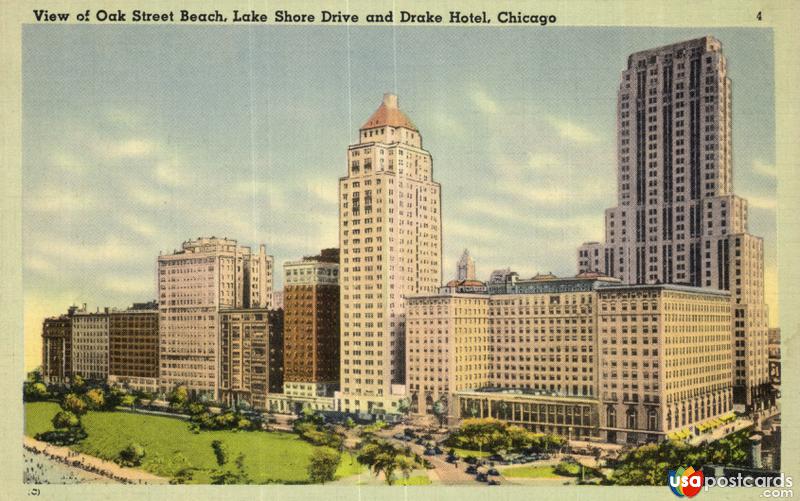 View of Oak Street Beach, Lake Shore Drive and Drake Hotel