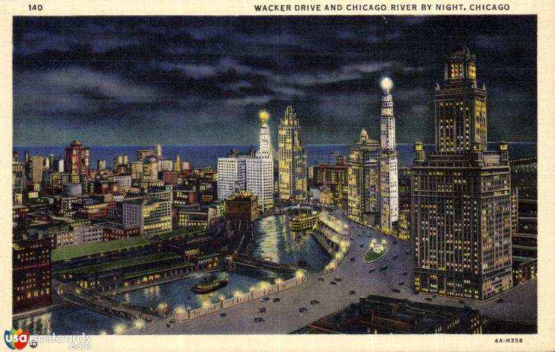 Wacker Drive and Chicago River by Night