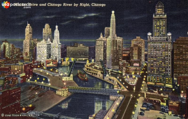 Wacker Drive and Chicago River by Night