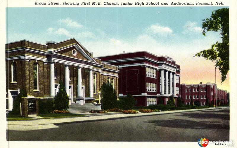 Broad Street, showing First M. E. Church, Junior High School and Auditorium