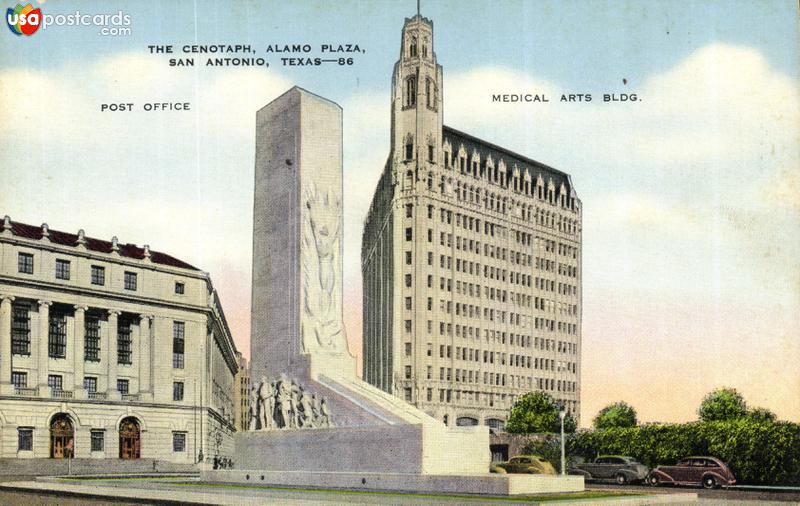 The Cenotaph, Alamo Plaza. Post Office / Medical Arts Bldg.