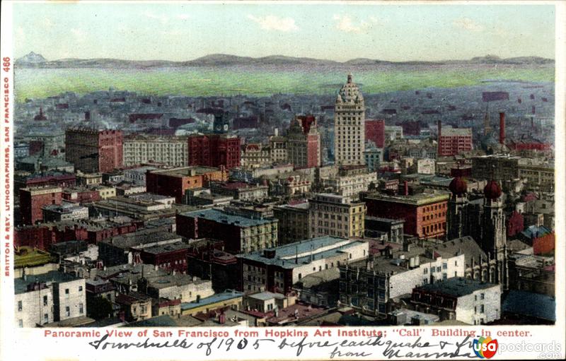 Panoramic view of San Francisco, from Hopkins Art Institute. Call Building in center