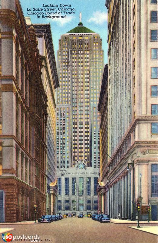 Looking down La Salle Street, with the Chicago Board and Trade in background