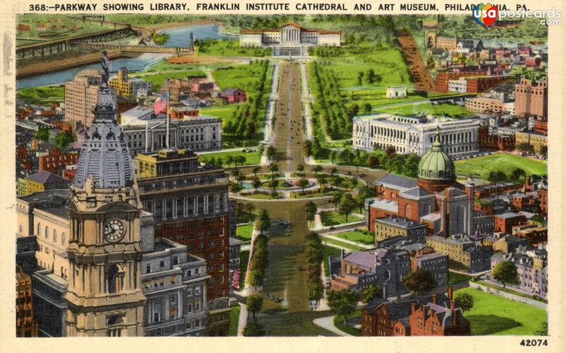 Pictures of Philadelphia, Pennsylvania: Parkway showing Library, Franklin Institute Cathedral and Art Museum