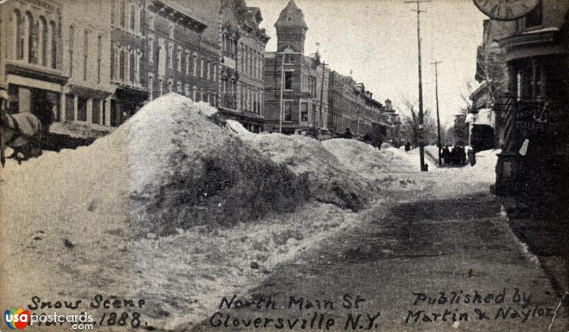 Pictures of Gloversville, New York: Snow scene on North Main Street (March 1888)