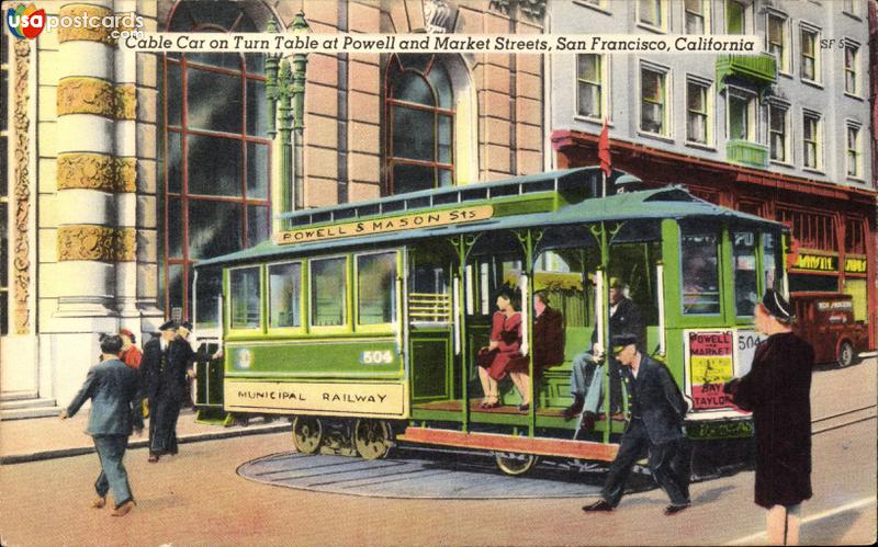 Pictures of San Francisco, California: Cable car on turn table at Powell and Market Streets