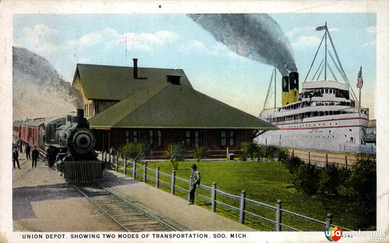 Pictures of Sault Ste. Marie, Michigan: Union Depot, showing two modes of transportation