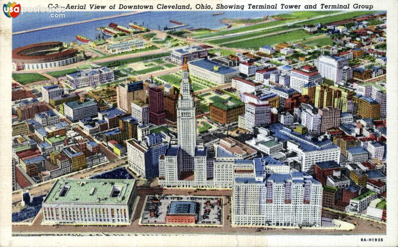 Pictures of Cleveland, Ohio: Aerial view of Downtown Cleveland, showing Terminal Tower and Terminal Group