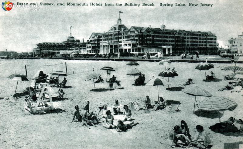 Pictures of Spring Lake, New Jersey: The Essex and Sussex, and Monmouth Hotels from the Bathing Beach