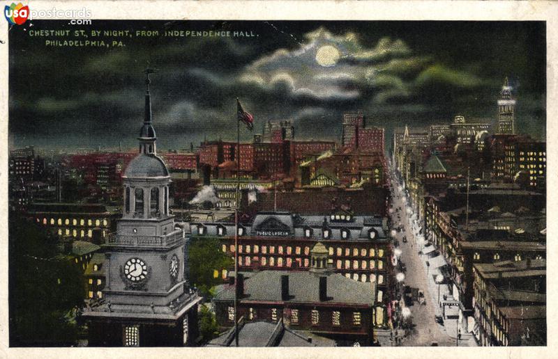 Pictures of Philadelphia, Pennsylvania: Chestnut St., by Night from Independence Hall