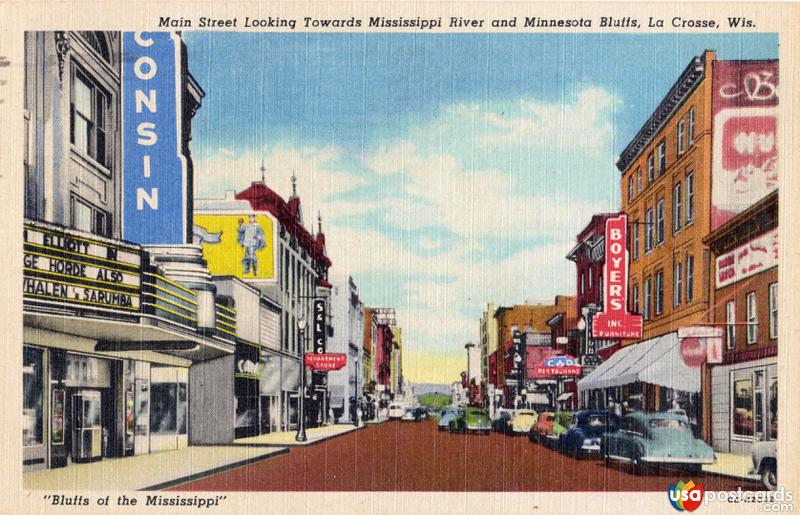 Pictures of La Crosse, Wisconsin: Main Street looking Towards Mississippi River and Minnesota Bluffs