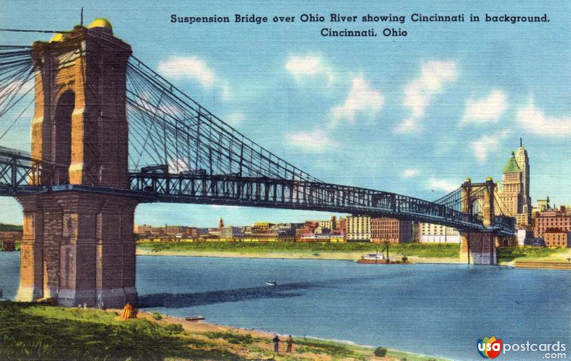 Pictures of Cincinnati, Ohio: Suspension brigde over the Ohio River, showing Cincinnati in background